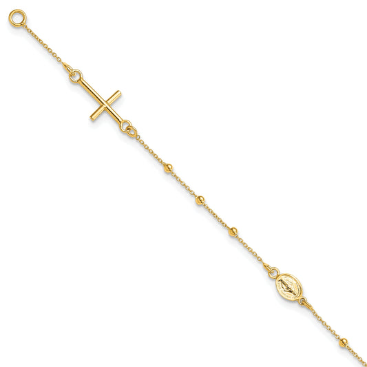 14K Yellow Gold Polished Cross Rosary 7.5 Inch Bracelet