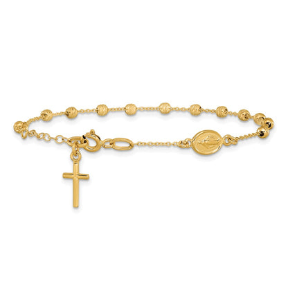6 Inch 14K Polished D/C Cross And Miraculous Medal .75In Ext. Bracelet