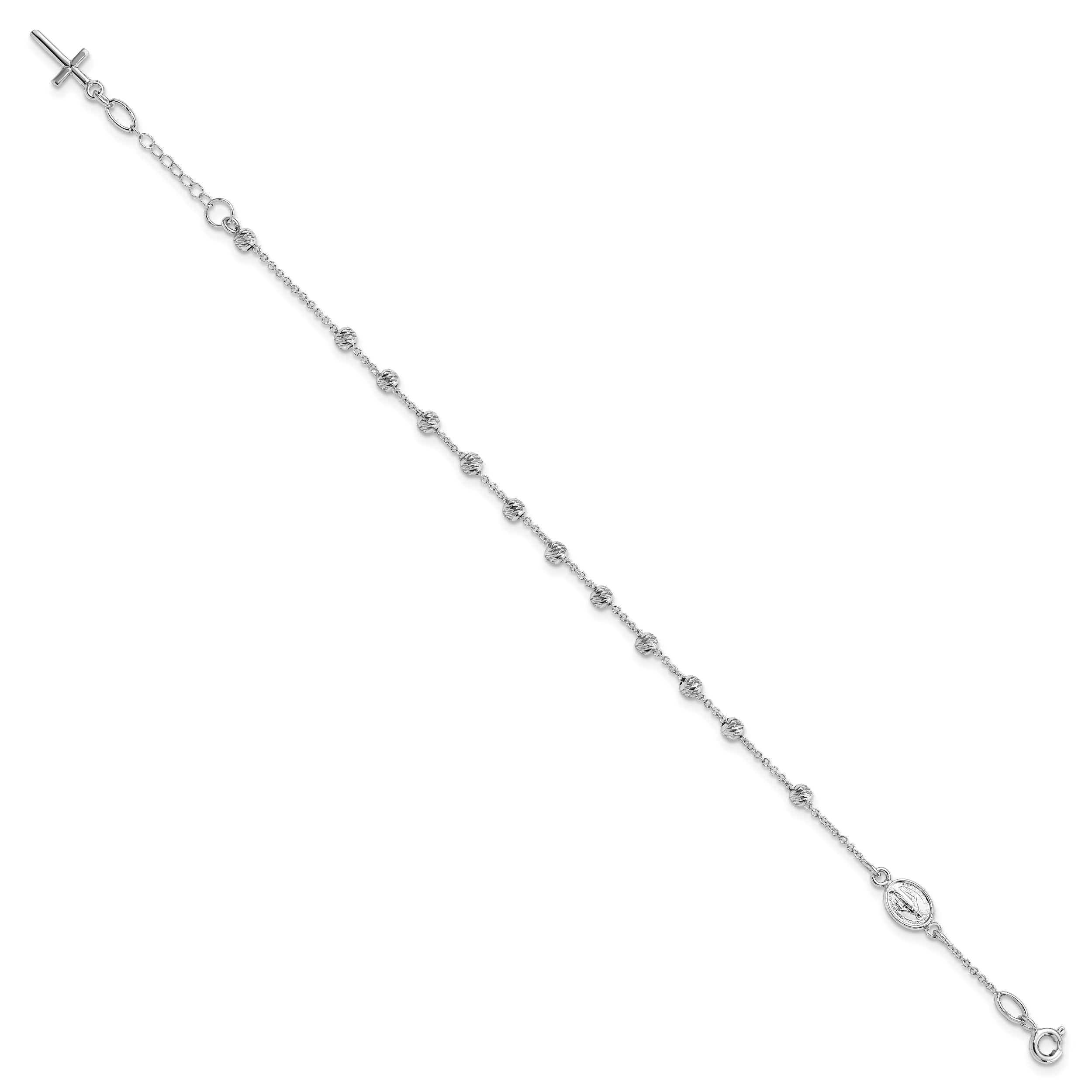 6 Inch 14K White Gold D/C Cross And Miraculous Medal .75In Ext. Bracelet