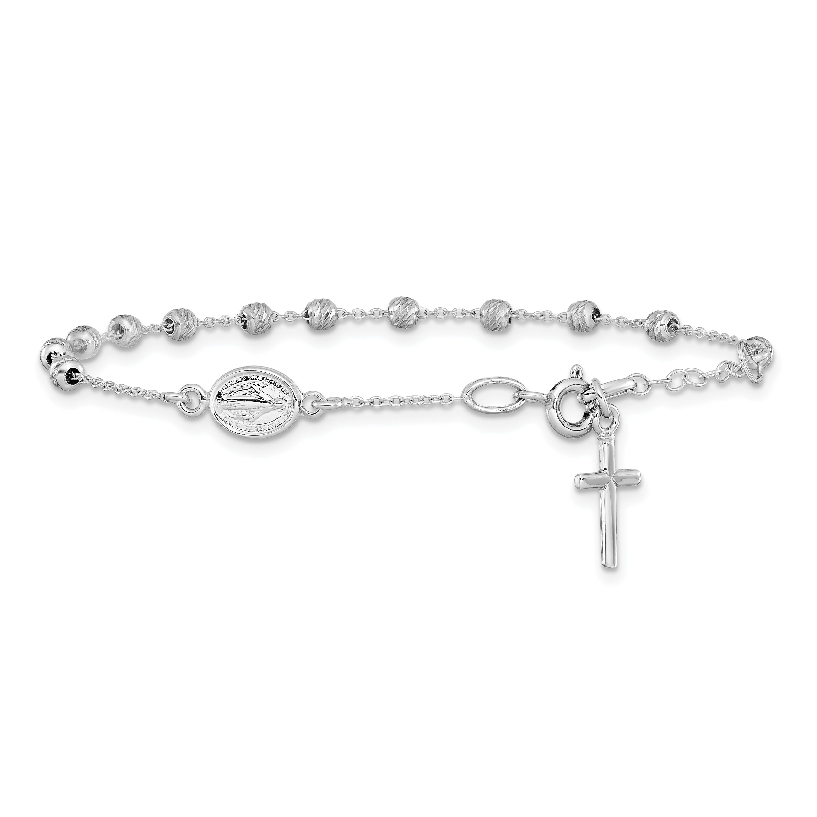 6 Inch 14K White Gold D/C Cross And Miraculous Medal .75In Ext. Bracelet