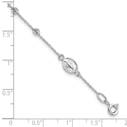 6 Inch 14K White Gold D/C Cross And Miraculous Medal .75In Ext. Bracelet