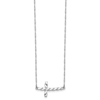 14K White Gold Polished Twisted Sideways Cross 17 Inch Necklace
