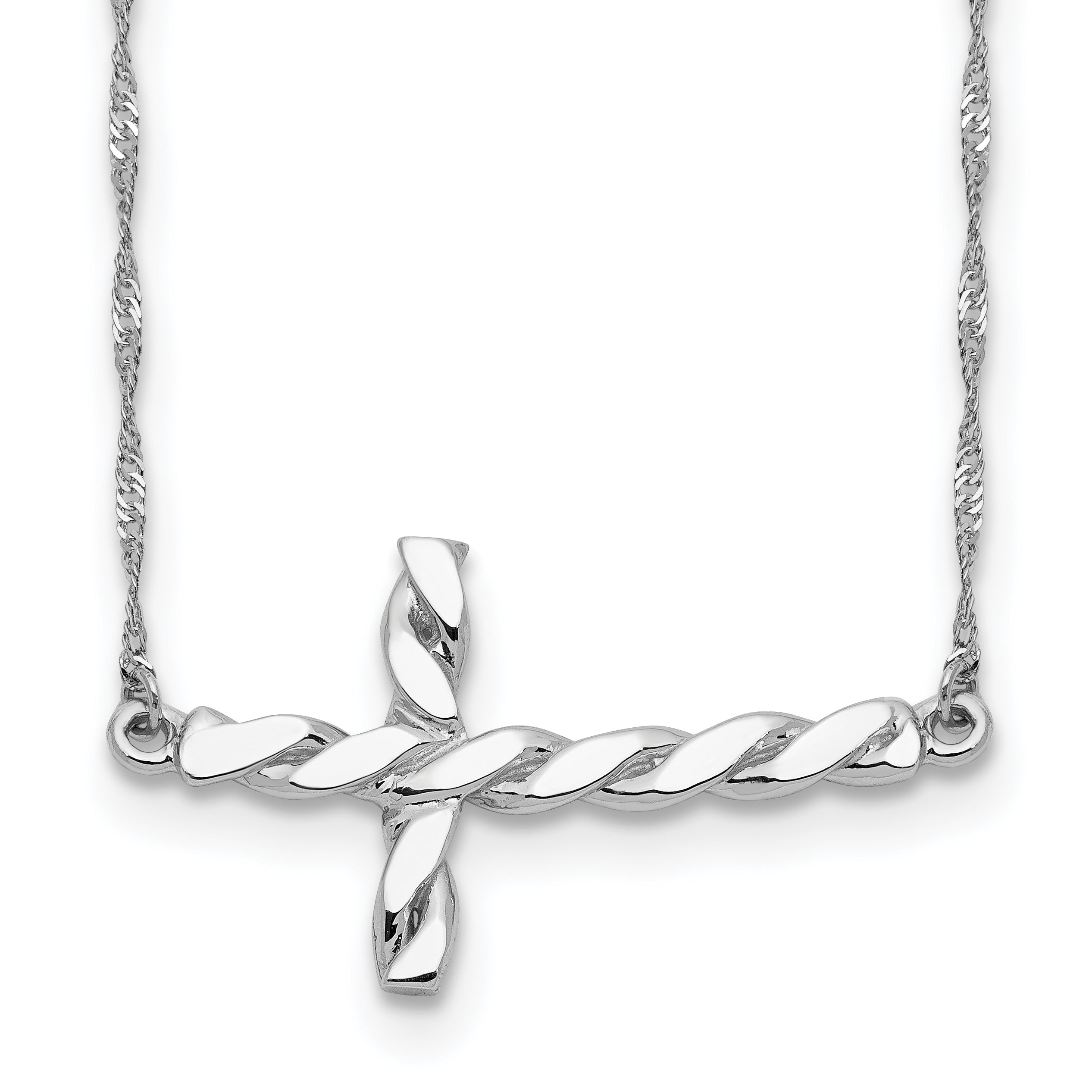14K White Gold Polished Twisted Sideways Cross 17 Inch Necklace