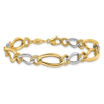 7.5 Inch 14K Two-Tone Polished & Textured Fancy Oval Curb Bracelet