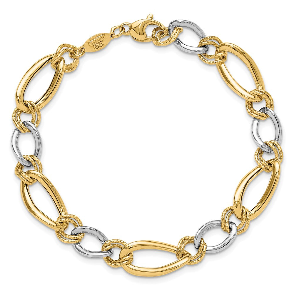 7.5 Inch 14K Two-Tone Polished & Textured Fancy Oval Curb Bracelet