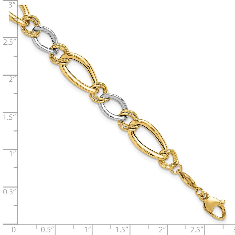 7.5 Inch 14K Two-Tone Polished & Textured Fancy Oval Curb Bracelet