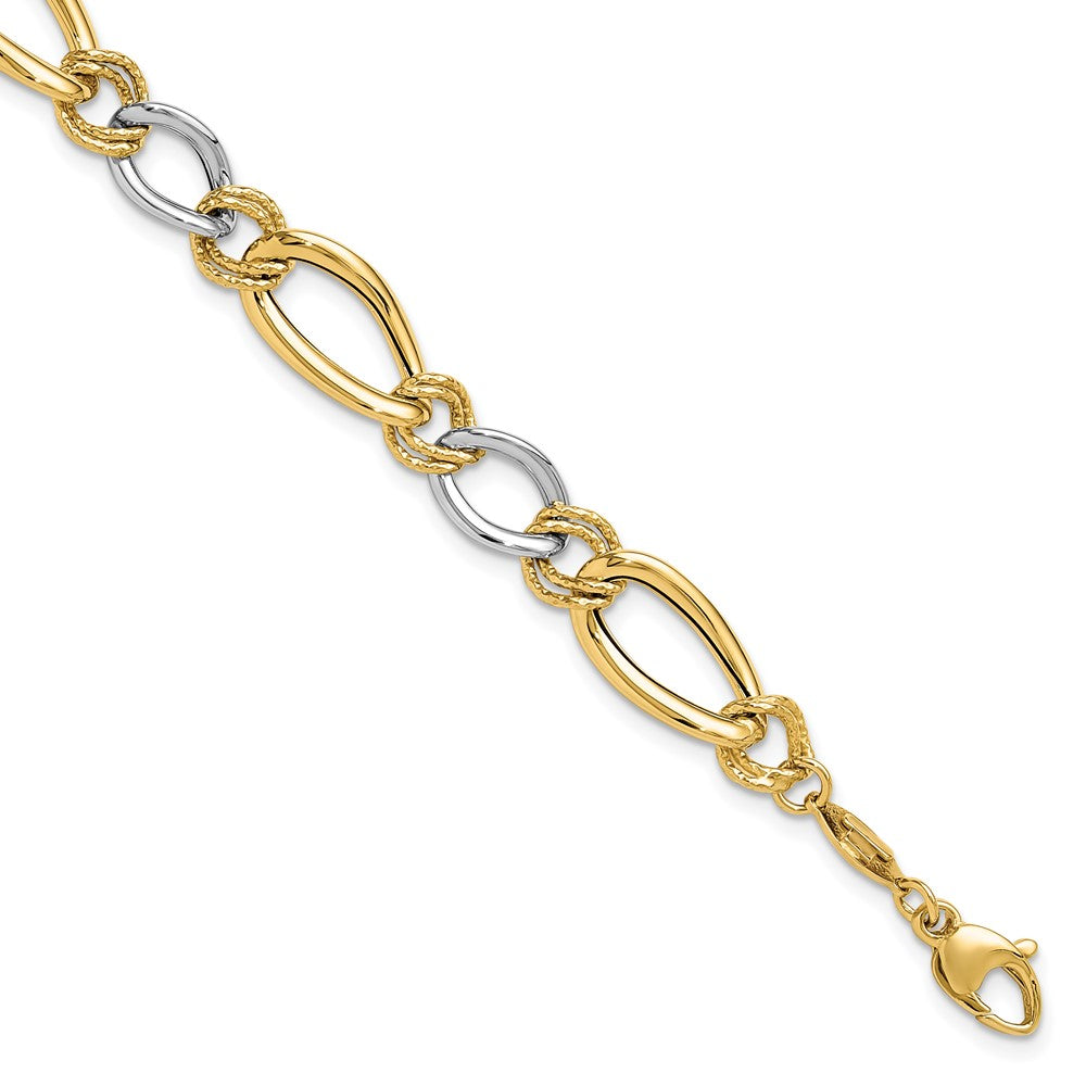 7.5 Inch 14K Two-Tone Polished & Textured Fancy Oval Curb Bracelet