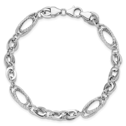 7.75 Inch 14K White Polished & Textured Oval Fancy Link Bracelet