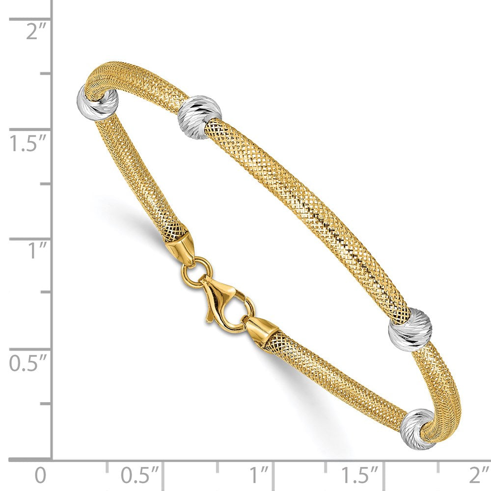 7.5 Inch 14K With Rhodium D/C Beads Stretch Mesh Bracelet