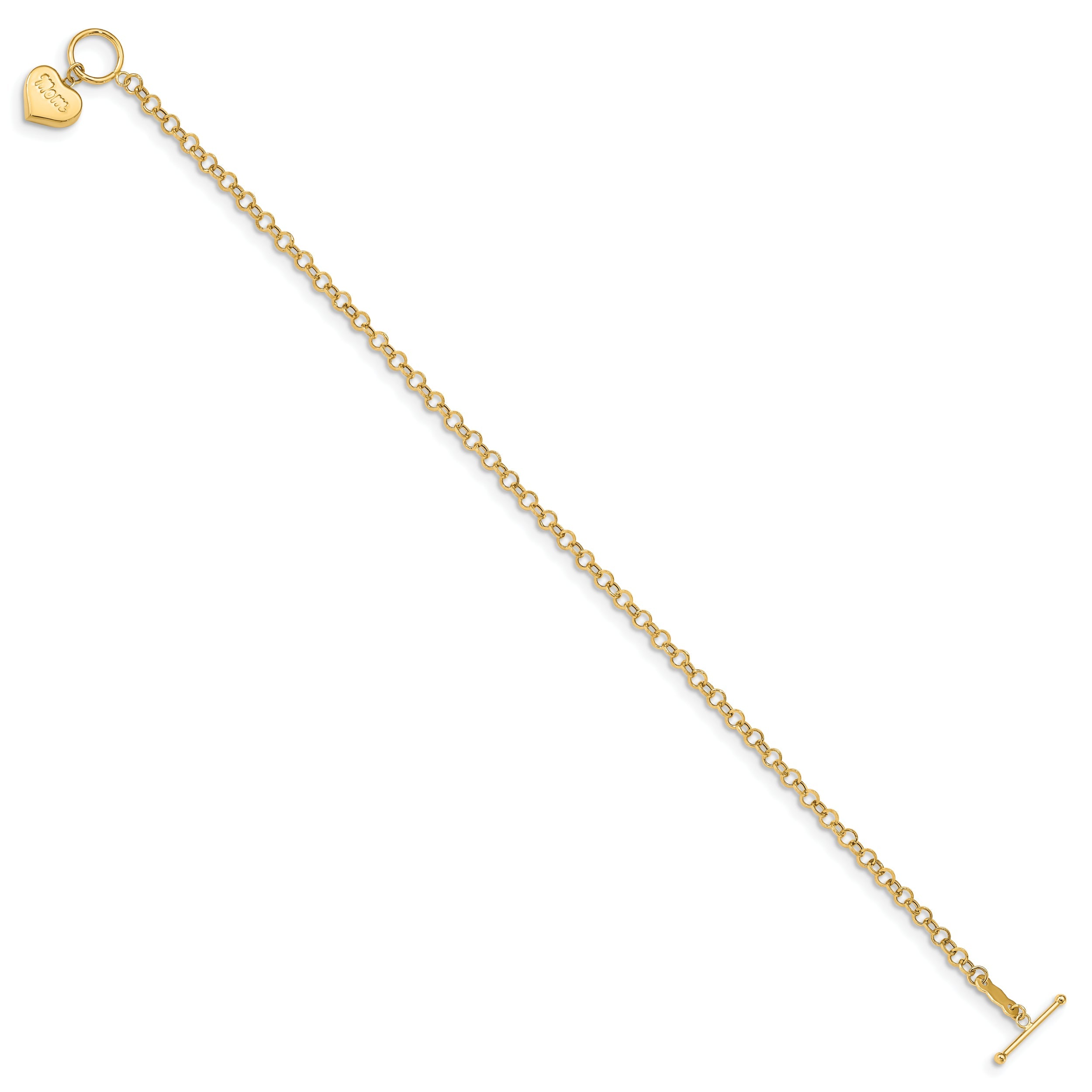 7.5 Inch 14K Puffed Mom Heart Toggle Bracelet