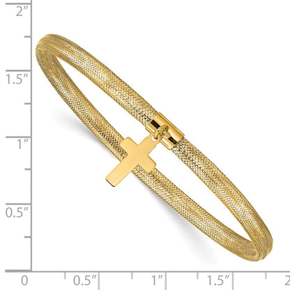 14K Yellow Gold Mesh Cross Dangle Stretch Bracelet