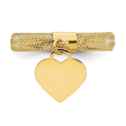 14K Yellow Gold Woven Mesh Stretch Polished Heart Charm Ring