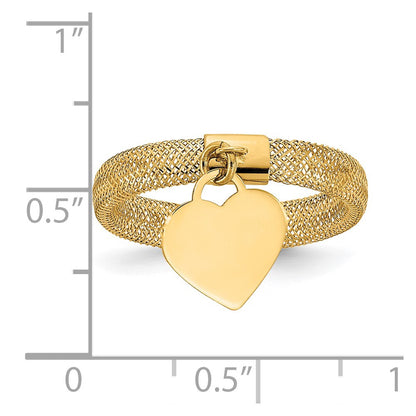 14K Yellow Gold Woven Mesh Stretch Polished Heart Charm Ring
