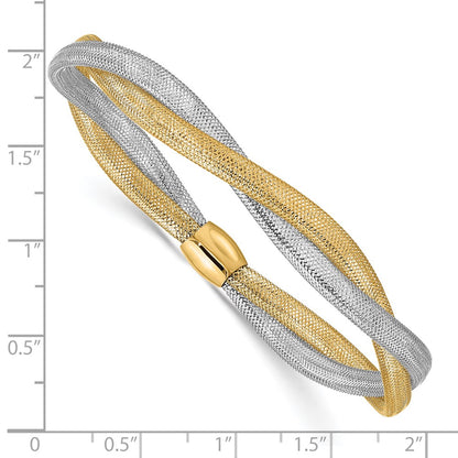 14K Yellow & Rhodium With Twisted Woven Mesh Stretch Bracelet