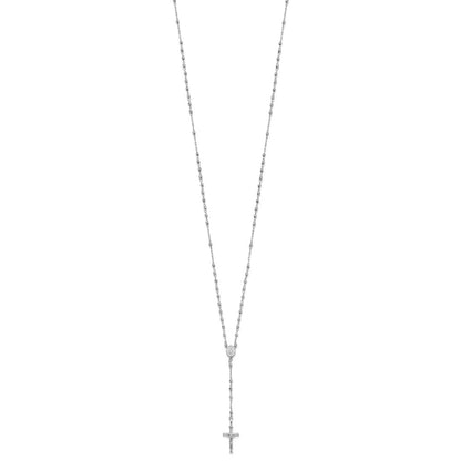 14K White Gold Polished Faceted Beads Rosary 18 Inch Necklace