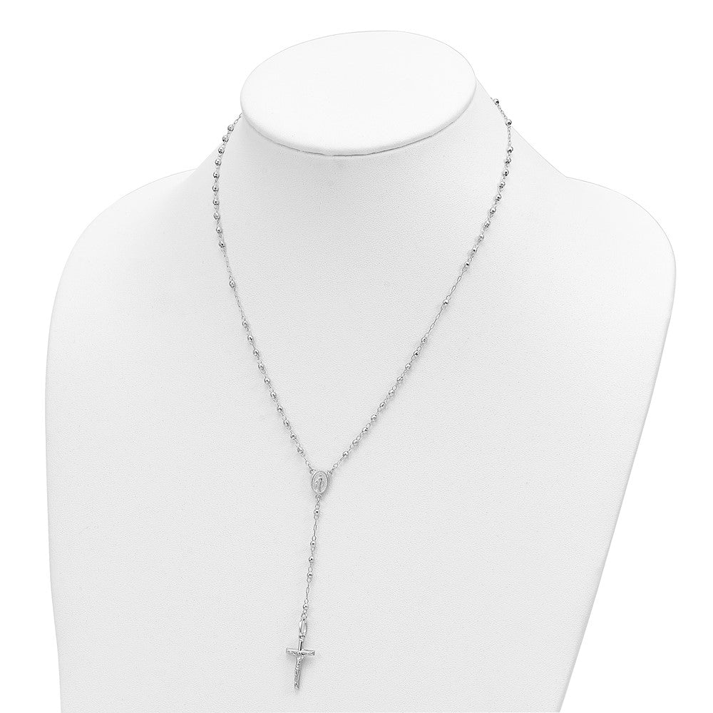 14K White Gold Polished Faceted Beads Rosary 18 Inch Necklace