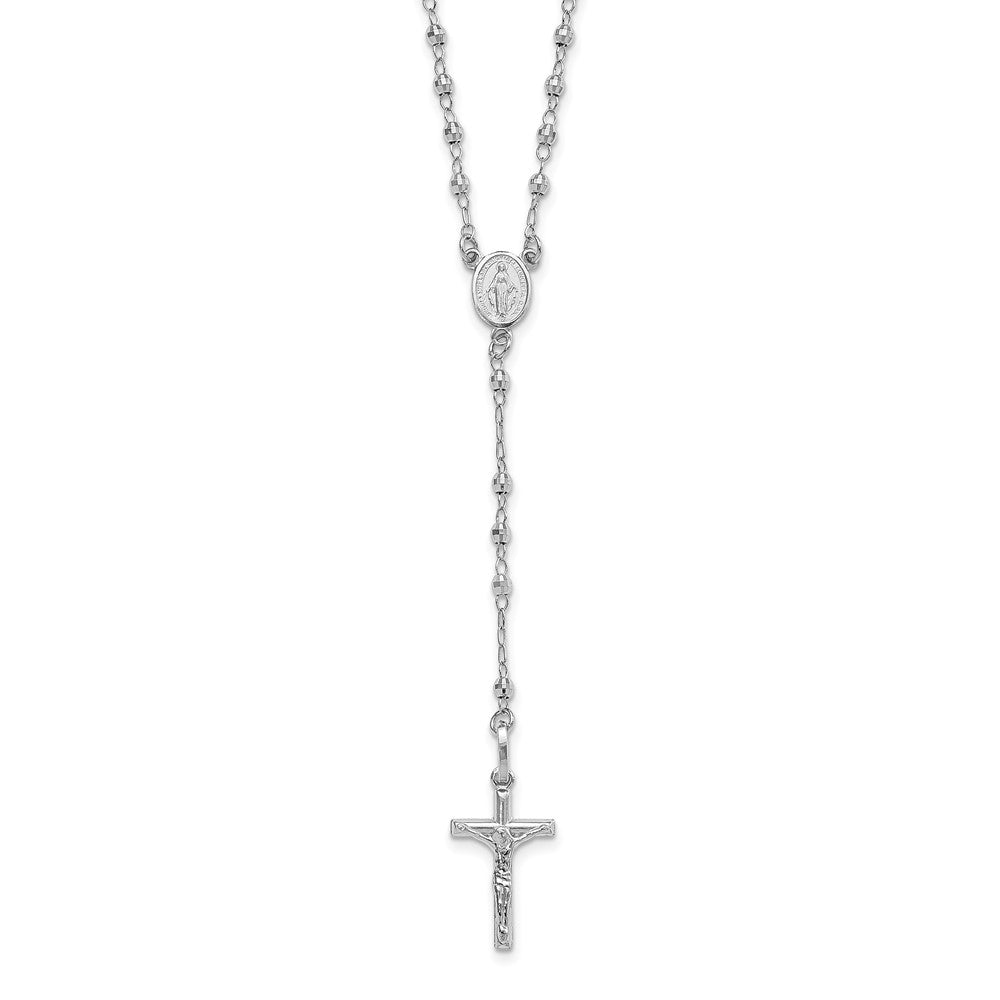 14K White Gold Polished Faceted Beads Rosary 18 Inch Necklace