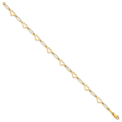 14K Yellow Gold Polished Oval Link and Hearts 7.5in Bracelet