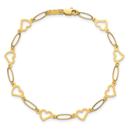 14K Yellow Gold Polished Oval Link and Hearts 7.5in Bracelet