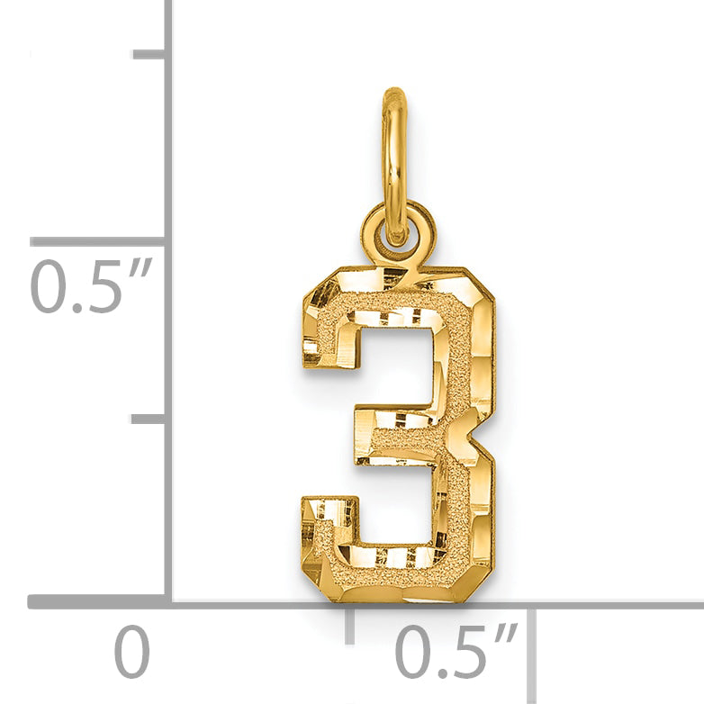 14K Yellow Gold Small Brushed Diamond-Cut Number 3 Charm