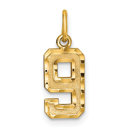 14K Yellow Gold Small Brushed Diamond-Cut Number 9 Charm