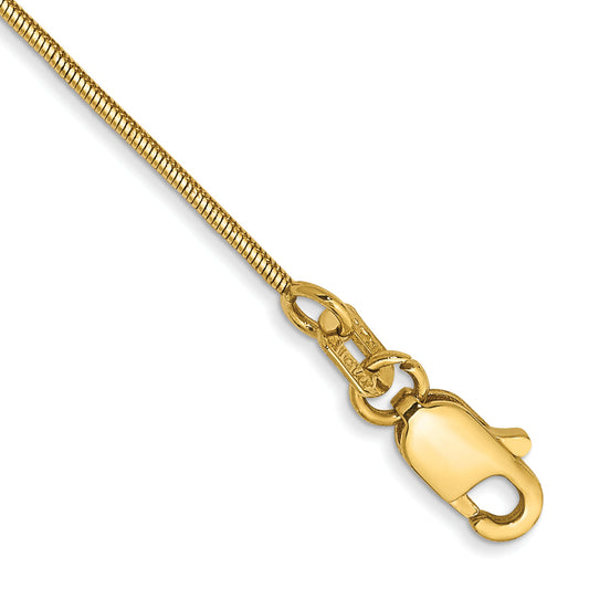 14K Yellow Gold 9 Inch .8mm Round Snake With Lobster Clasp Anklet