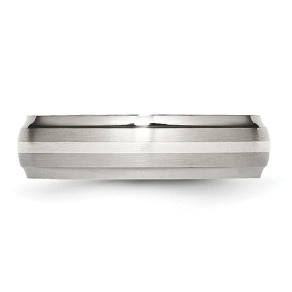 Stainless Steel Sterling Silver Inlay Ridged Edge Brushed And Polished Band