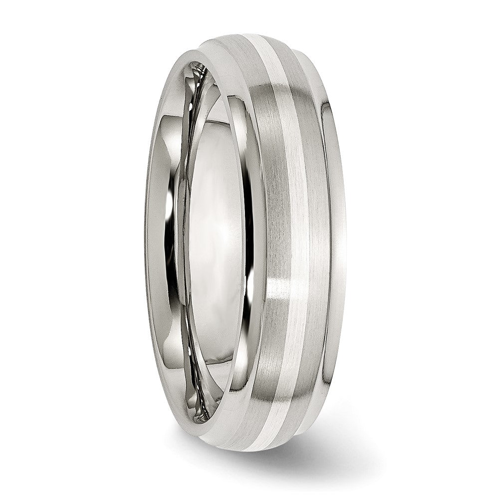 Stainless Steel Sterling Silver Inlay Ridged Edge Brushed And Polished Band