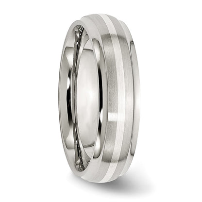 Stainless Steel Sterling Silver Inlay Ridged Edge Brushed And Polished Band