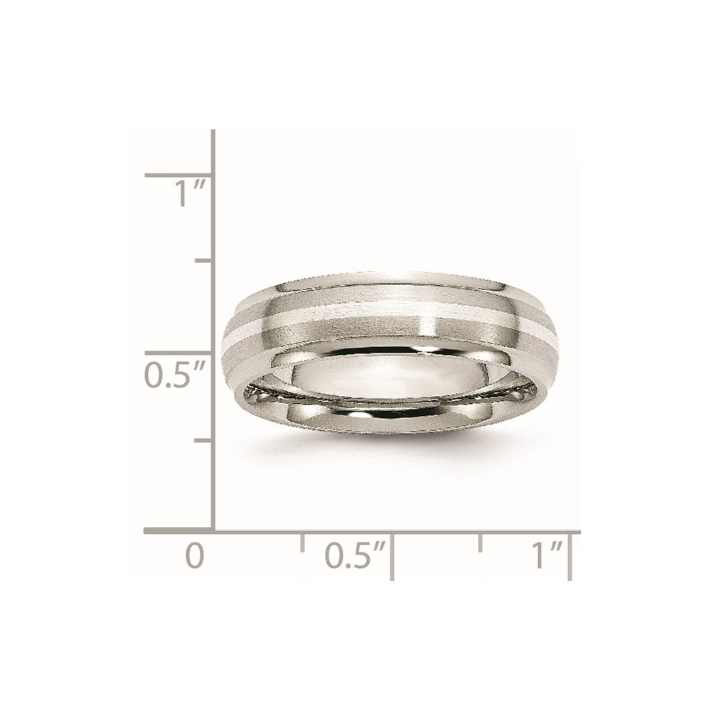 Stainless Steel Sterling Silver Inlay Ridged Edge Brushed And Polished Band