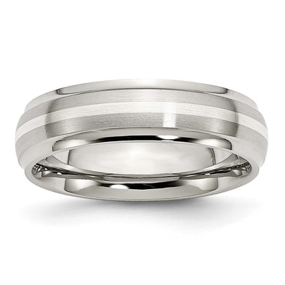 Stainless Steel Sterling Silver Inlay Ridged Edge Brushed And Polished Band