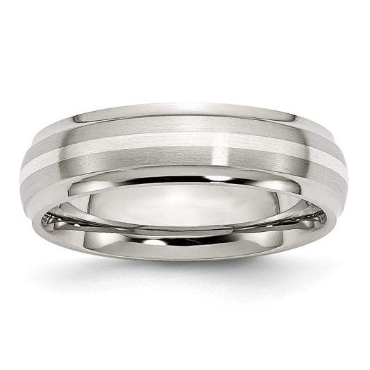 Stainless Steel Sterling Silver Inlay Ridged Edge Brushed And Polished Band