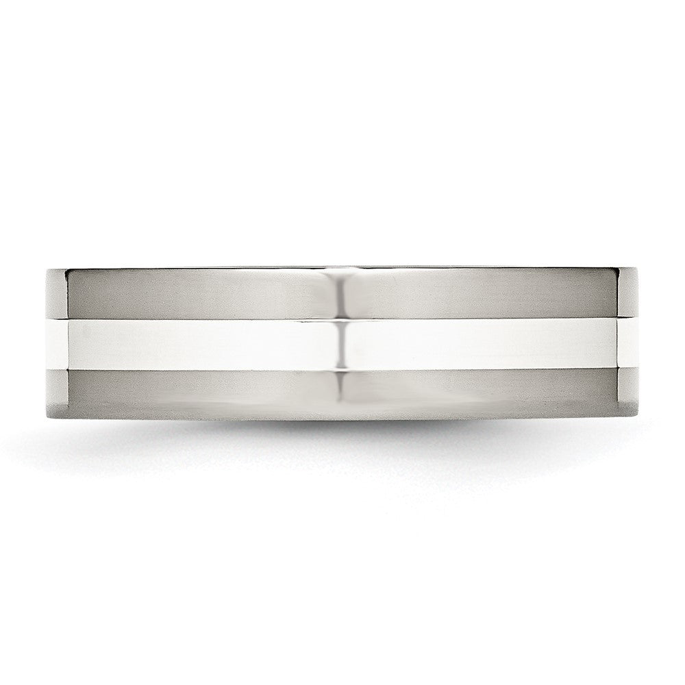 Stainless Steel Sterling Silver Inlay Polished 6mm Flat Band