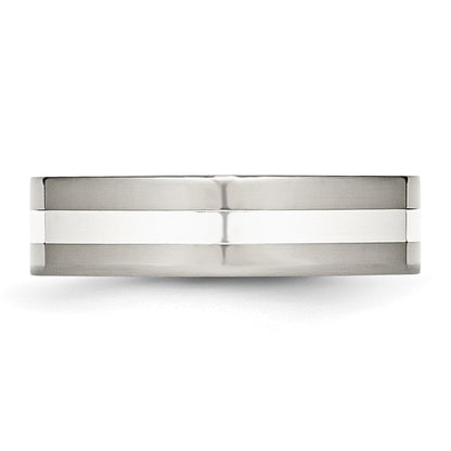Stainless Steel Sterling Silver Inlay Polished 6mm Flat Band