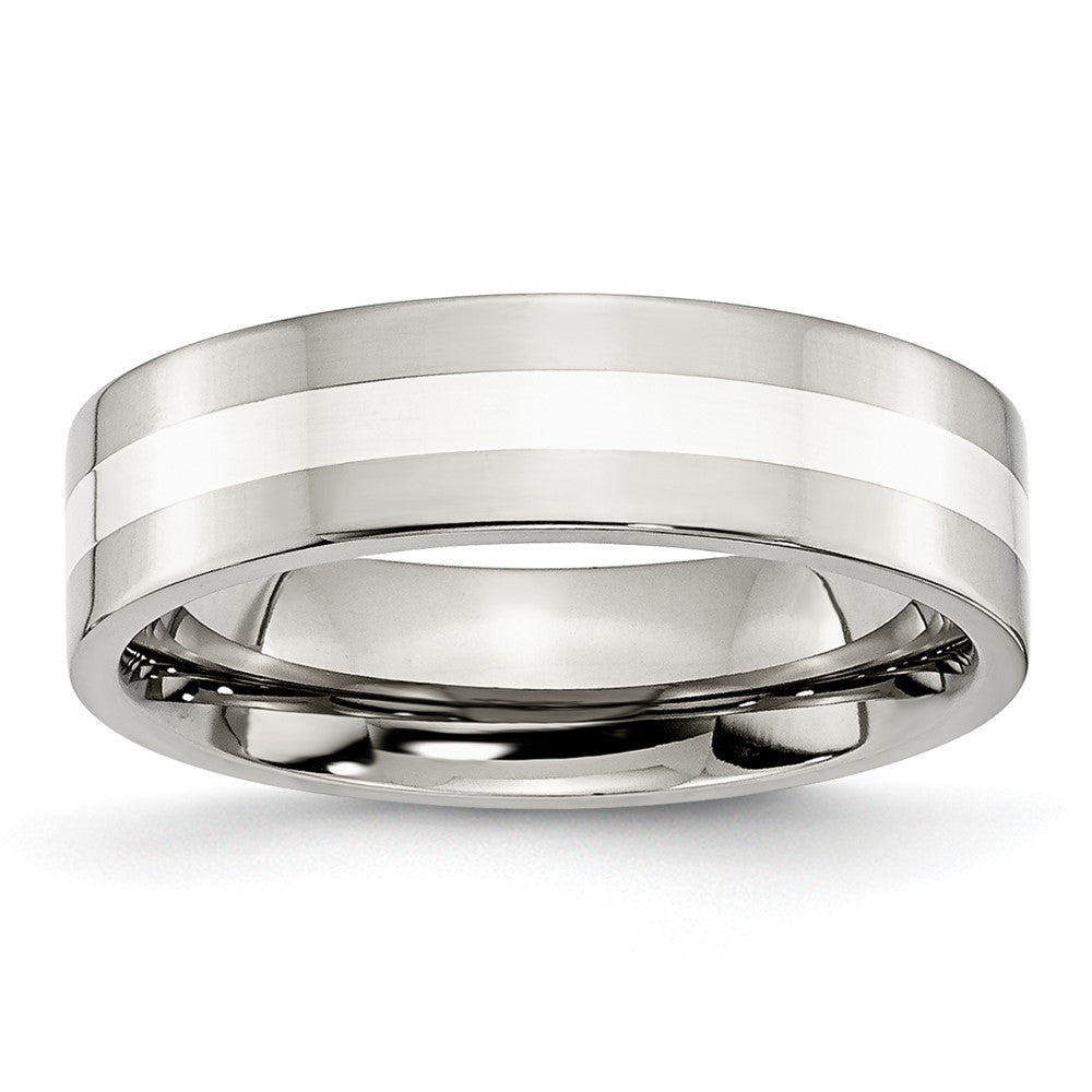 Stainless Steel Sterling Silver Inlay Polished 6mm Flat Band