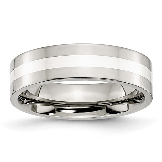 Stainless Steel Sterling Silver Inlay Polished 6mm Flat Band