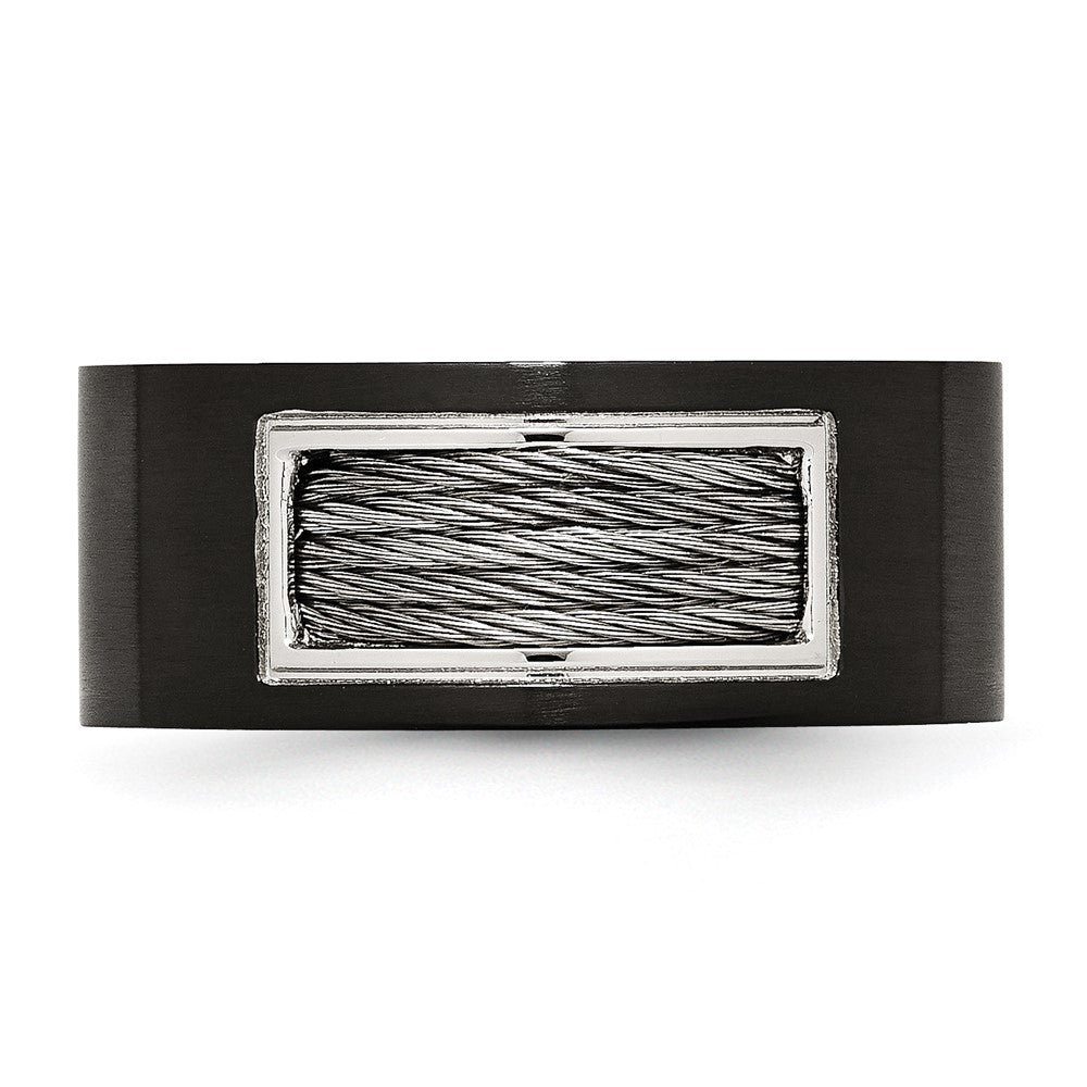 Stainless Steel Polished Black Ip Plated Grey Wire Inlay 10mm Band