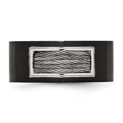 Stainless Steel Polished Black Ip Plated Grey Wire Inlay 10mm Band