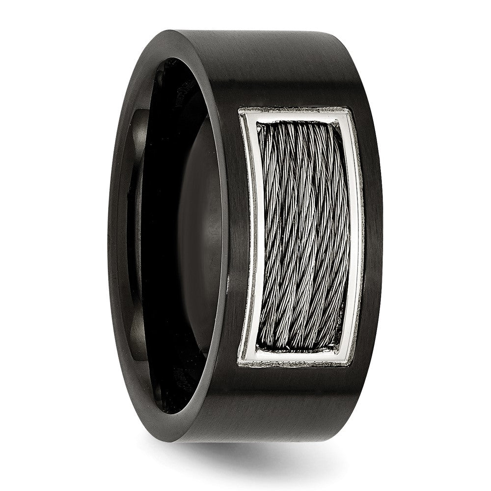 Stainless Steel Polished Black Ip Plated Grey Wire Inlay 10mm Band