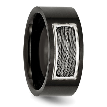 Stainless Steel Polished Black Ip Plated Grey Wire Inlay 10mm Band