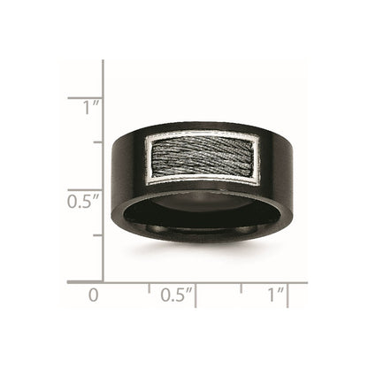 Stainless Steel Polished Black Ip Plated Grey Wire Inlay 10mm Band