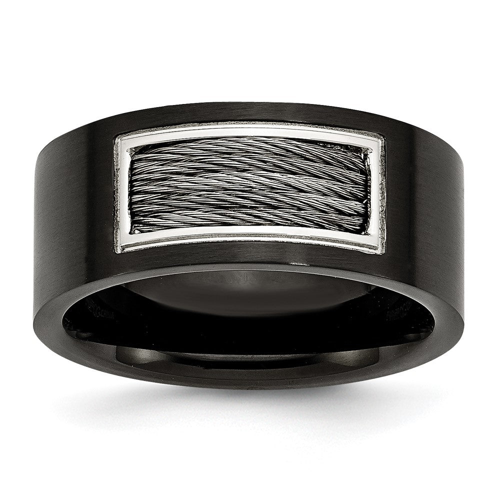Stainless Steel Polished Black Ip Plated Grey Wire Inlay 10mm Band