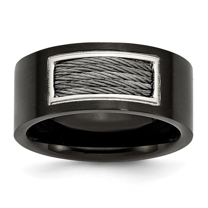 Stainless Steel Polished Black Ip Plated Grey Wire Inlay 10mm Band