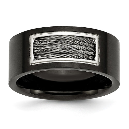 Stainless Steel Polished Black Ip Plated Grey Wire Inlay 10mm Band