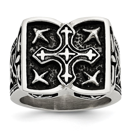 Stainless Steel Antiqued Cross Ring