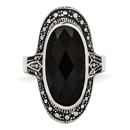 Stainless Steel Black Glass Antiqued Ring