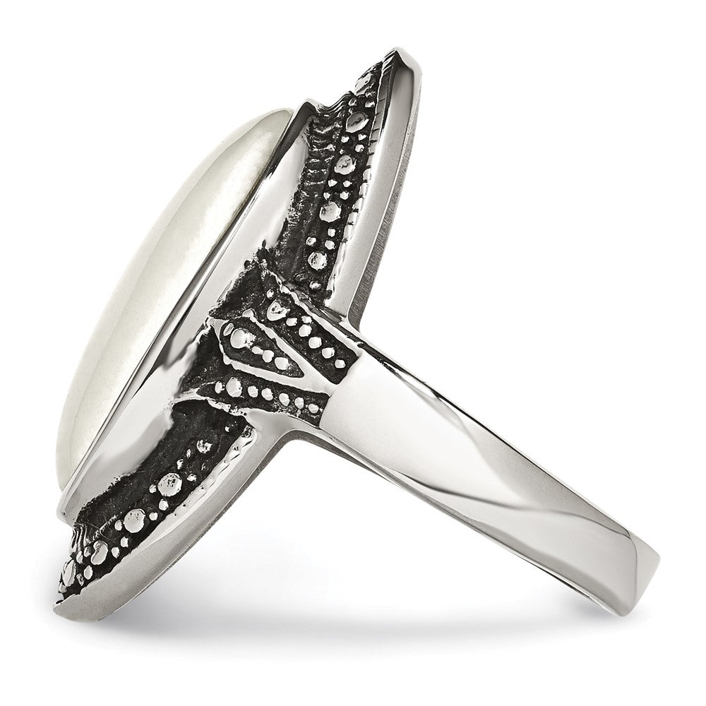 Stainless Steel Antiqued & White Cat'S Eye Ring