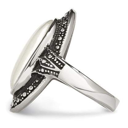 Stainless Steel Antiqued & White Cat'S Eye Ring