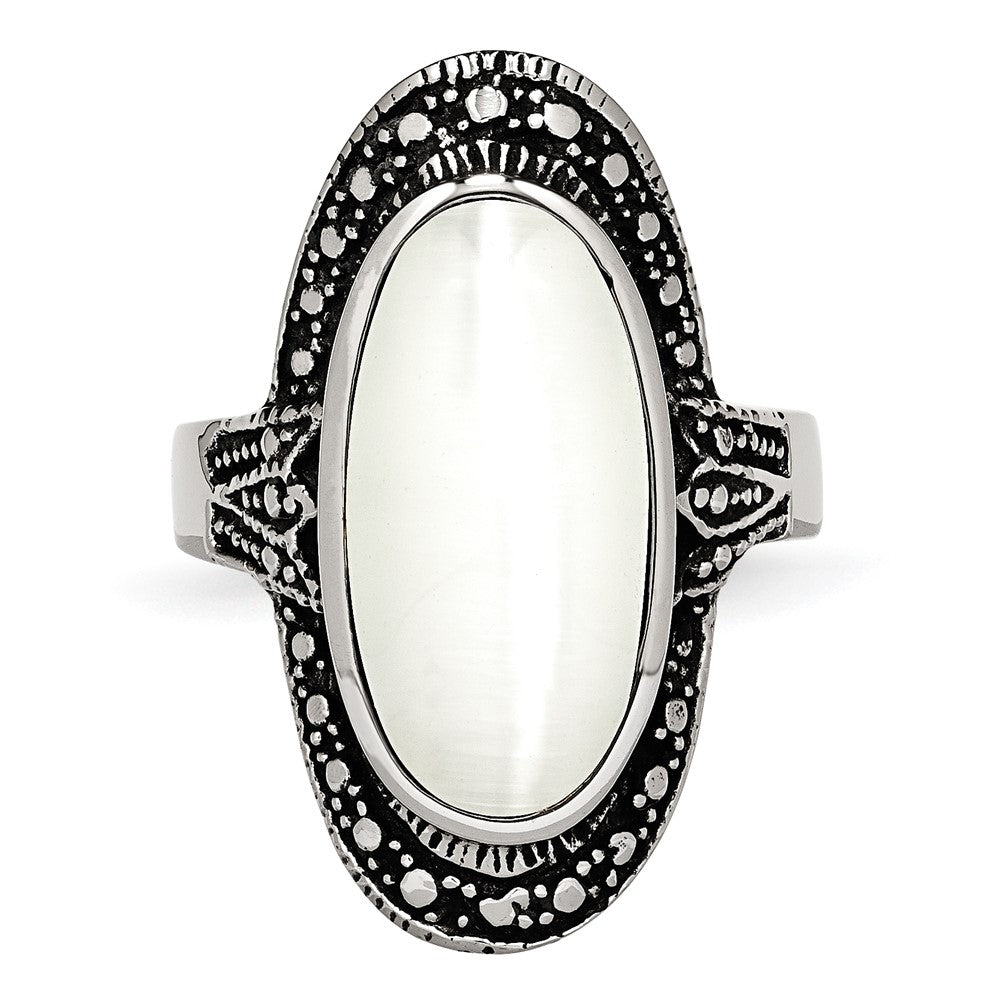 Stainless Steel Antiqued & White Cat'S Eye Ring
