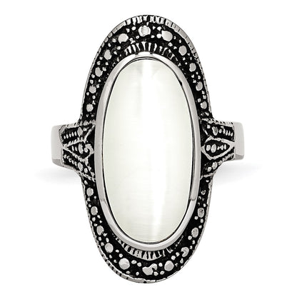 Stainless Steel Antiqued & White Cat'S Eye Ring